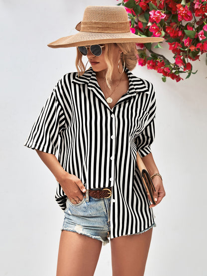 Striped Dropped Shoulder Half Sleeve Shirt-Teresa&#39;s Fashionista LLC