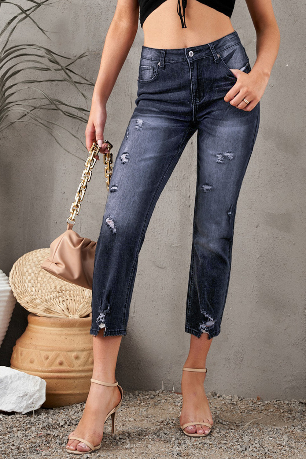 Distressed Hem Detail Cropped Jeans-Teresa&#39;s Fashionista LLC