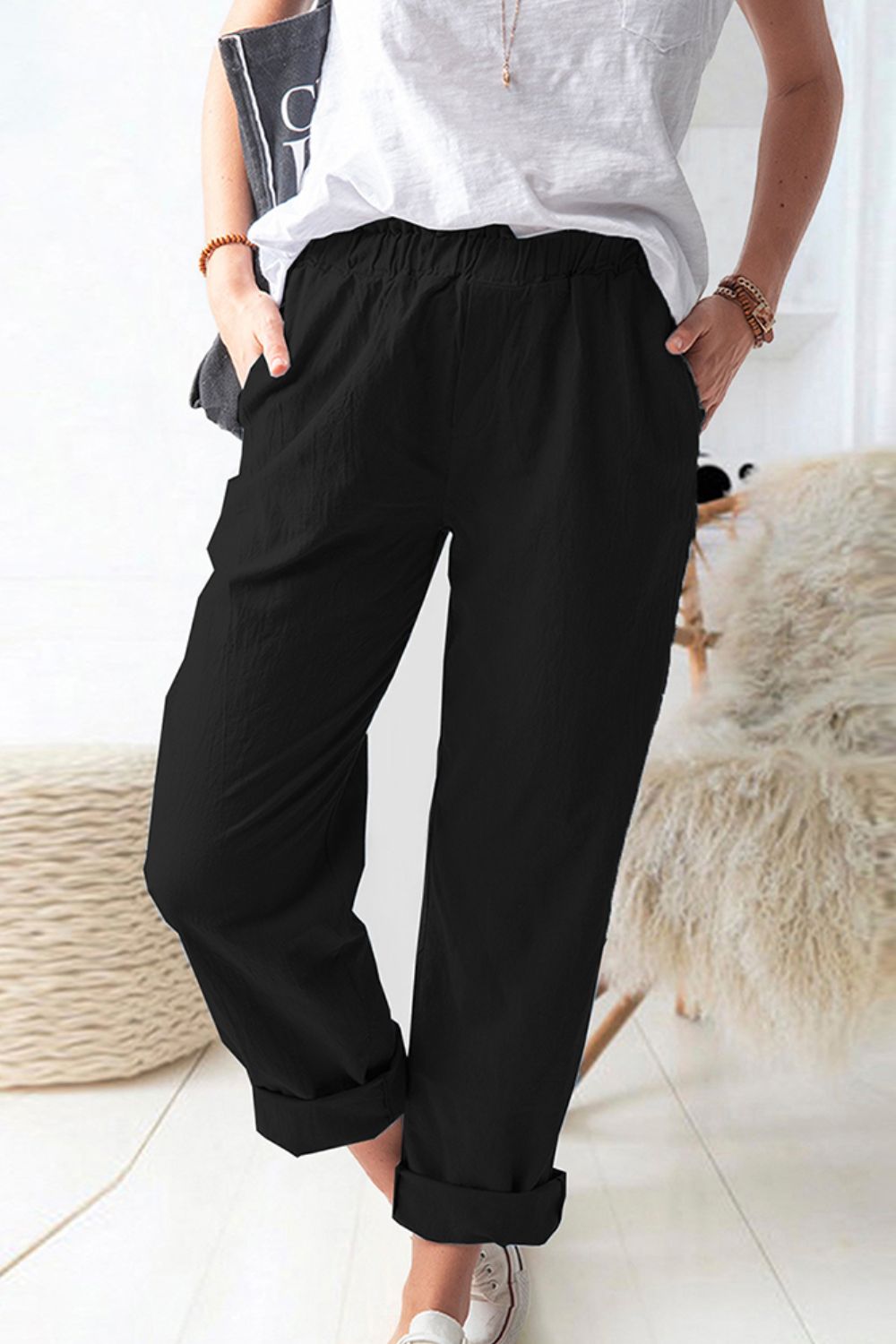 Paperbag Waist Pull-On Pants with Pockets-Teresa&#39;s Fashionista LLC