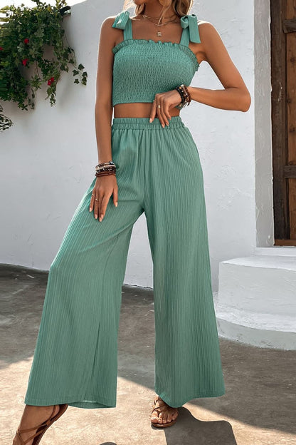 Tie Shoulder Smocked Crop Top and Wide Leg Pants Set-Teresa&#39;s Fashionista LLC