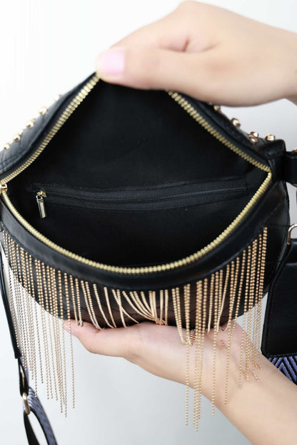 PU Leather Studded Sling Bag with Fringes-Teresa&#39;s Fashionista LLC