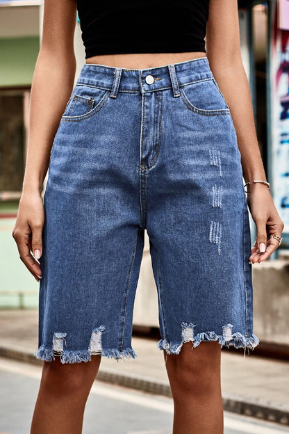 Raw Hem High Waist Denim Shorts with Pockets-Teresa&#39;s Fashionista LLC