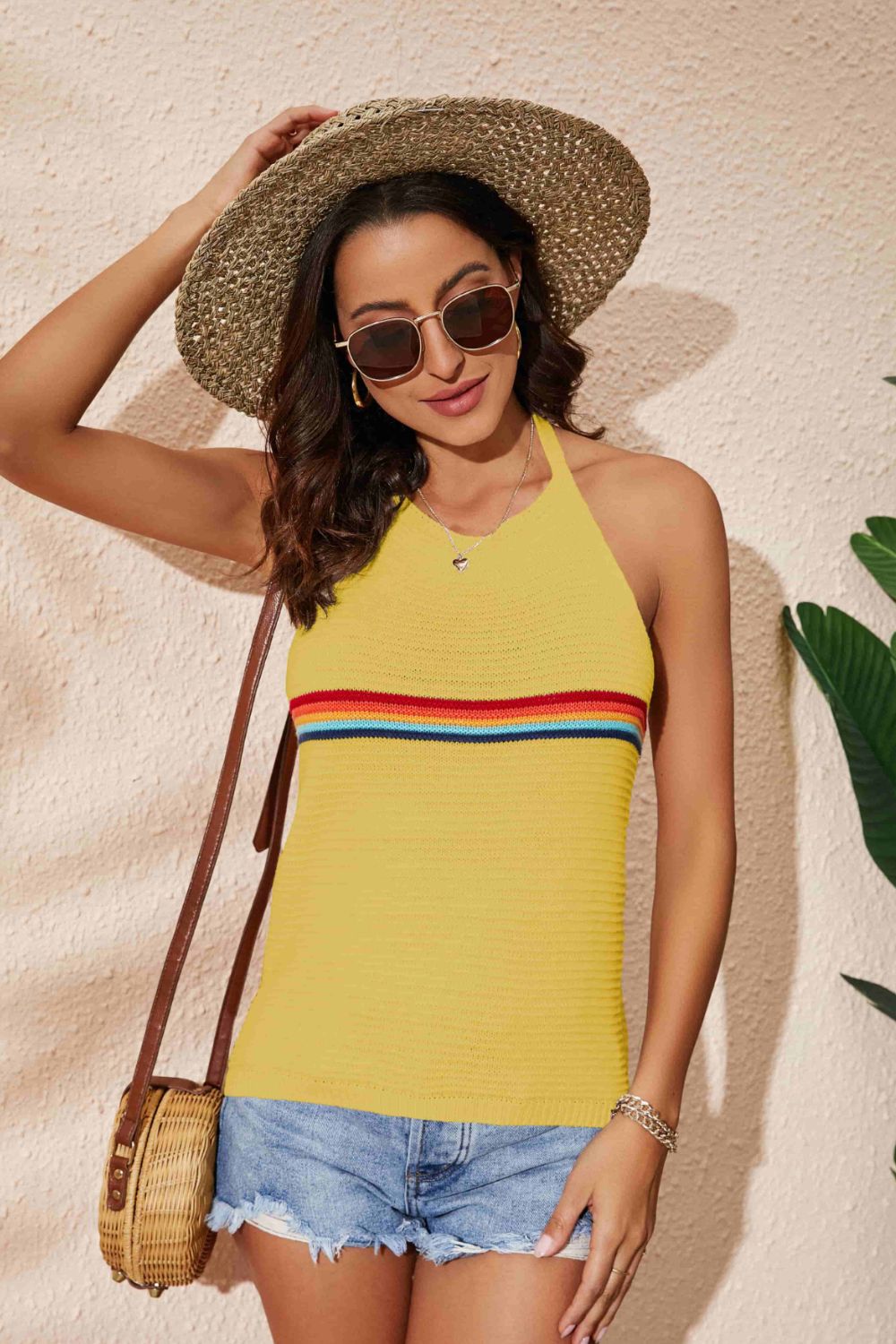 Rainbow Stripe Halter Neck Knit Tank-Teresa&#39;s Fashionista LLC