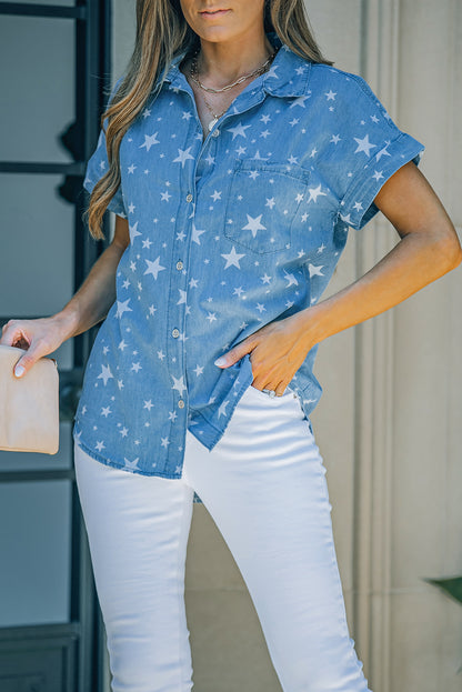 Star Print Button-Up Cuffed Short Sleeve Shirt-Teresa&#39;s Fashionista LLC