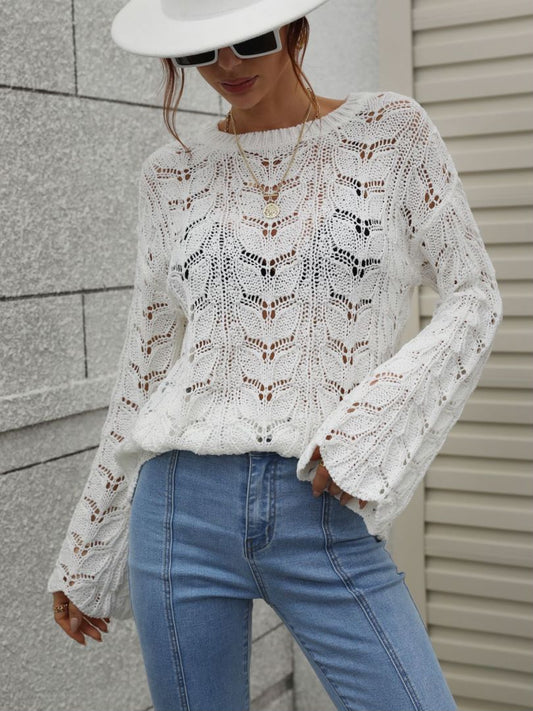 Openwork Dropped Shoulder Knit Top-Teresa&#39;s Fashionista LLC