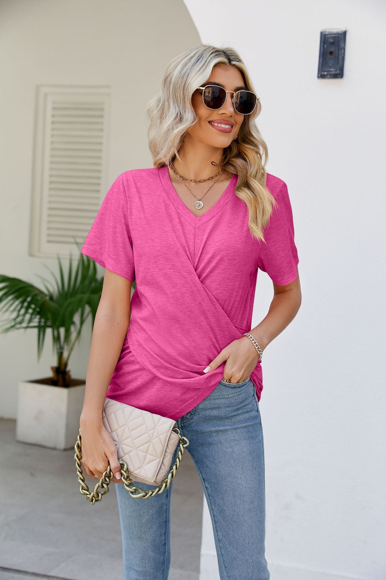 V-Neck Crisscross Short Sleeve Tee-Teresa&#39;s Fashionista LLC