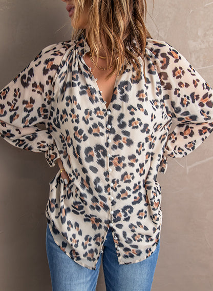 Leopard Button Down Ruched Flounce Sleeve Top-Teresa&#39;s Fashionista LLC