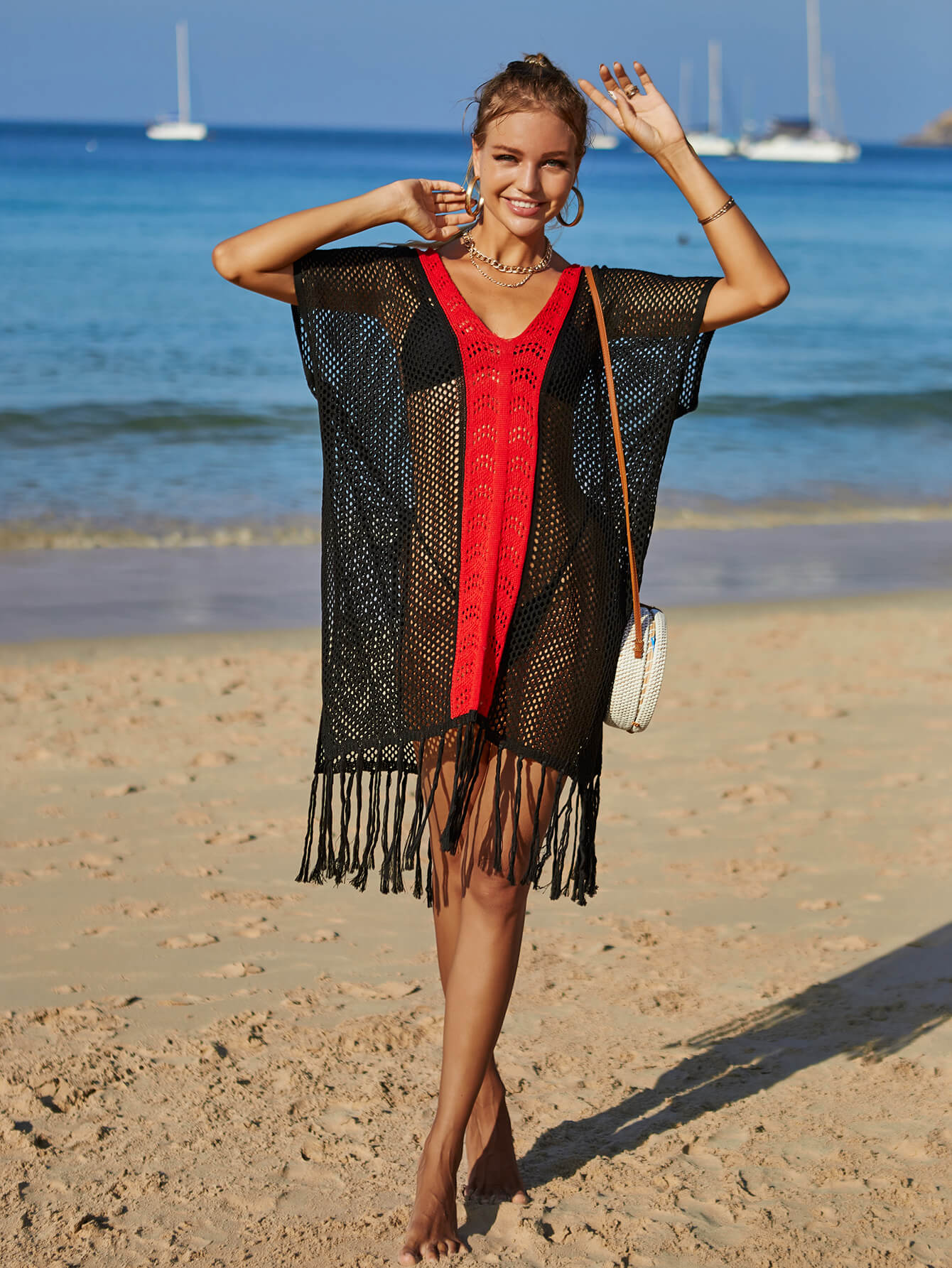 Contrast Fringe Trim Openwork Cover-Up Dress-Teresa&#39;s Fashionista LLC