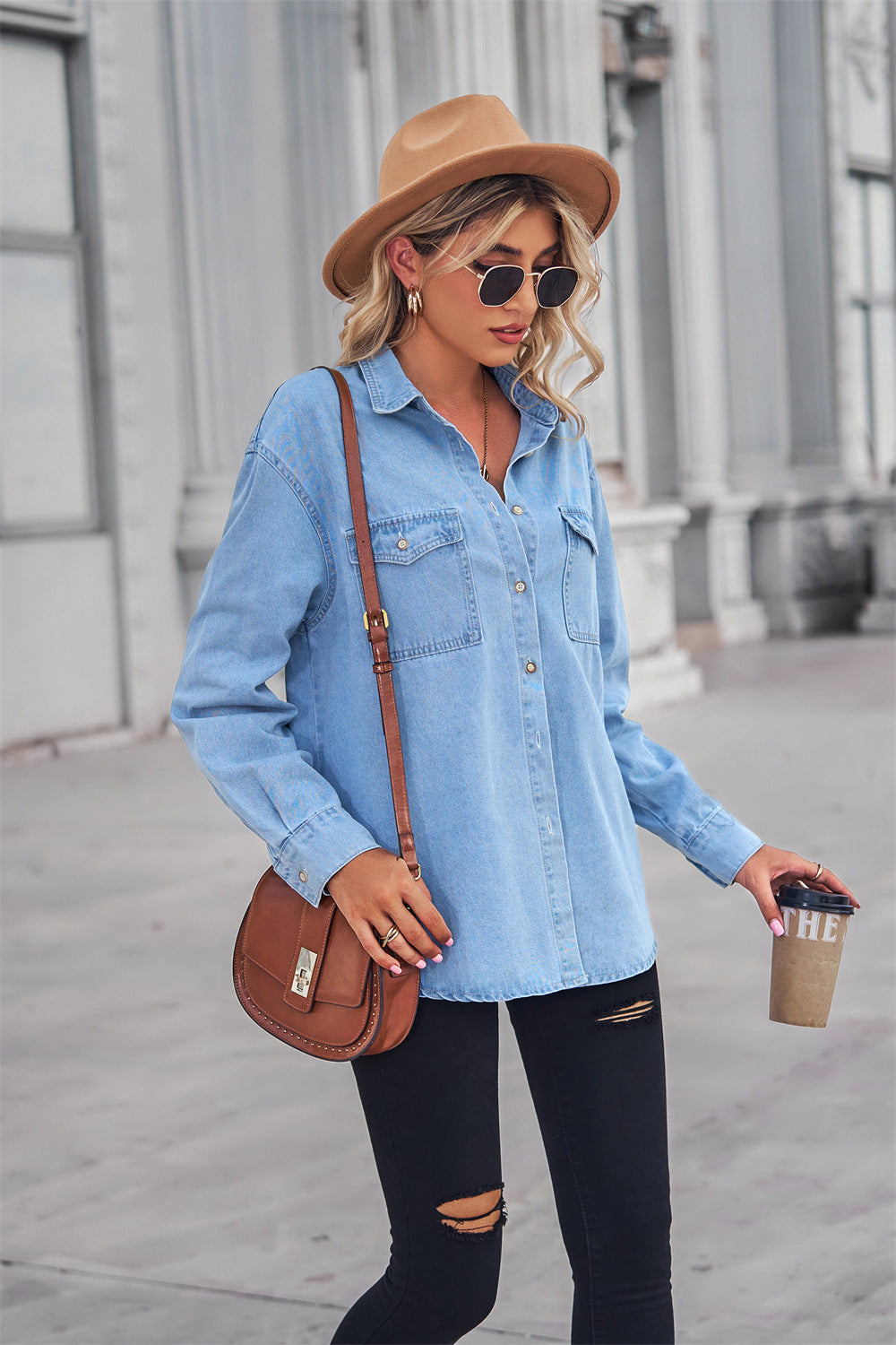 Collared Neck Dropped Shoulder Denim Top-Teresa&#39;s Fashionista LLC