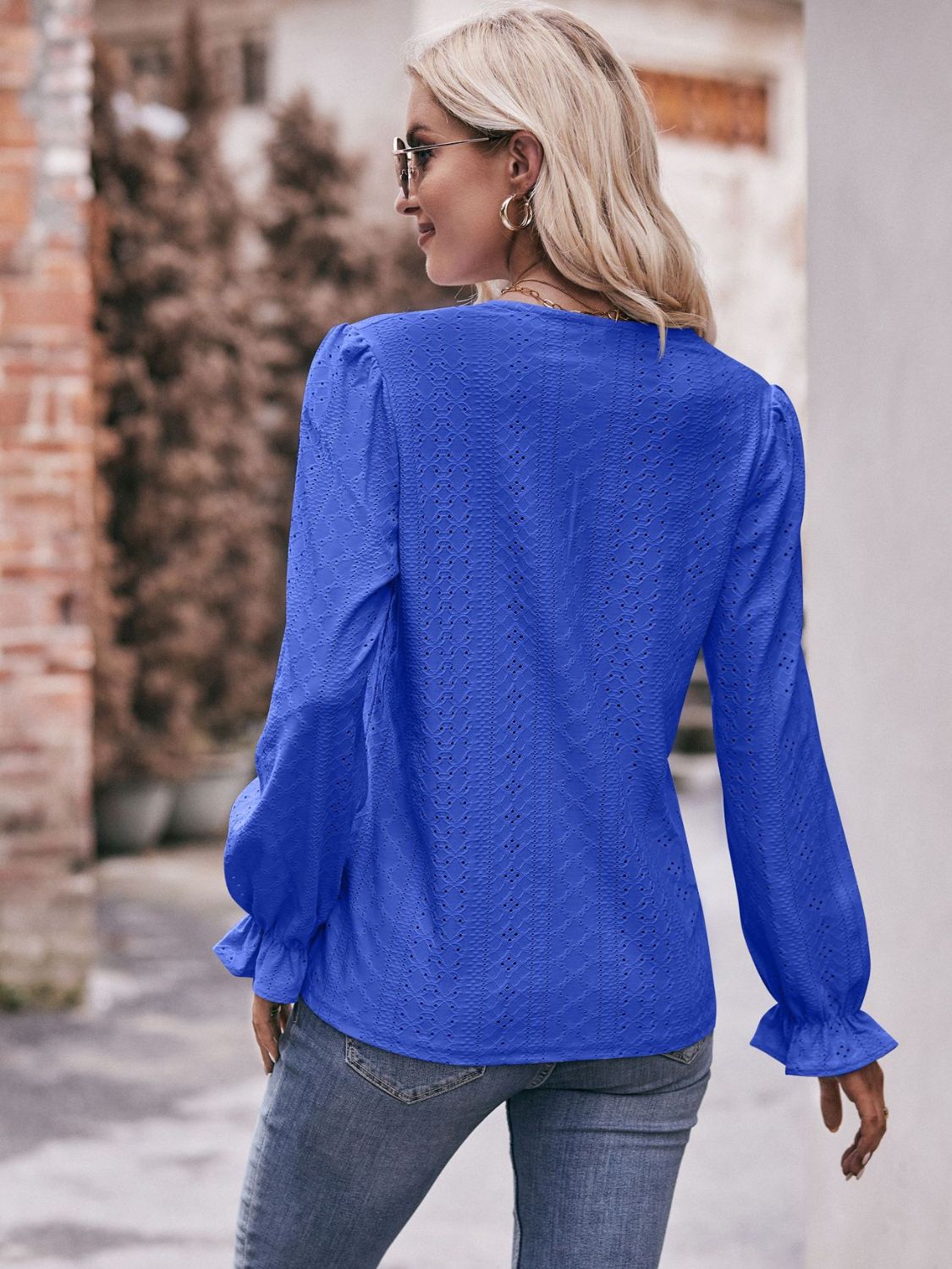 Eyelet V-Neck Flounce Sleeve Blouse-Teresa&#39;s Fashionista LLC