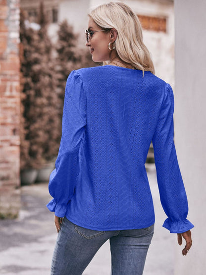 Eyelet V-Neck Flounce Sleeve Blouse-Teresa&#39;s Fashionista LLC