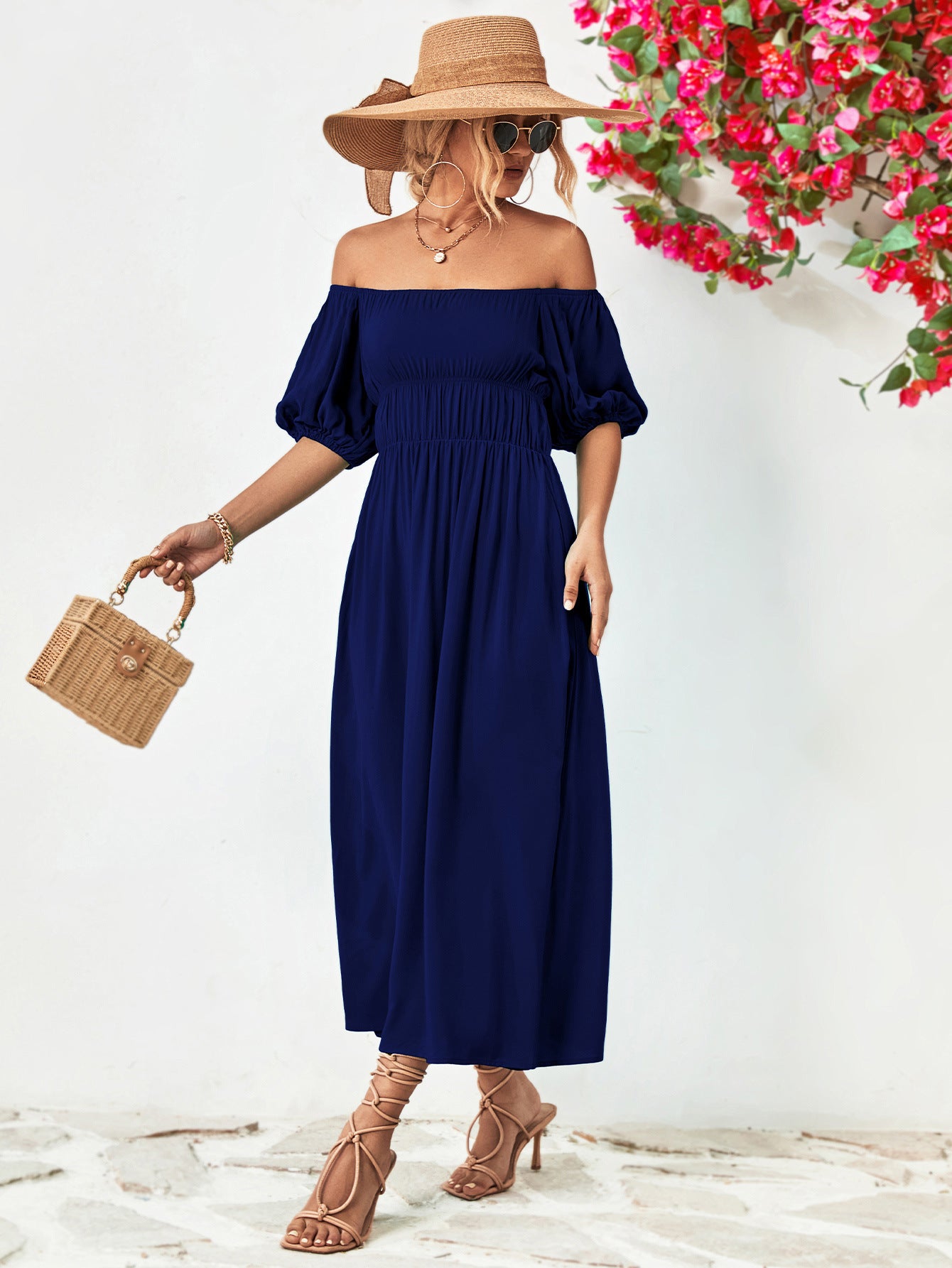 Off-Shoulder Balloon Sleeve Midi Dress-Teresa&#39;s Fashionista LLC