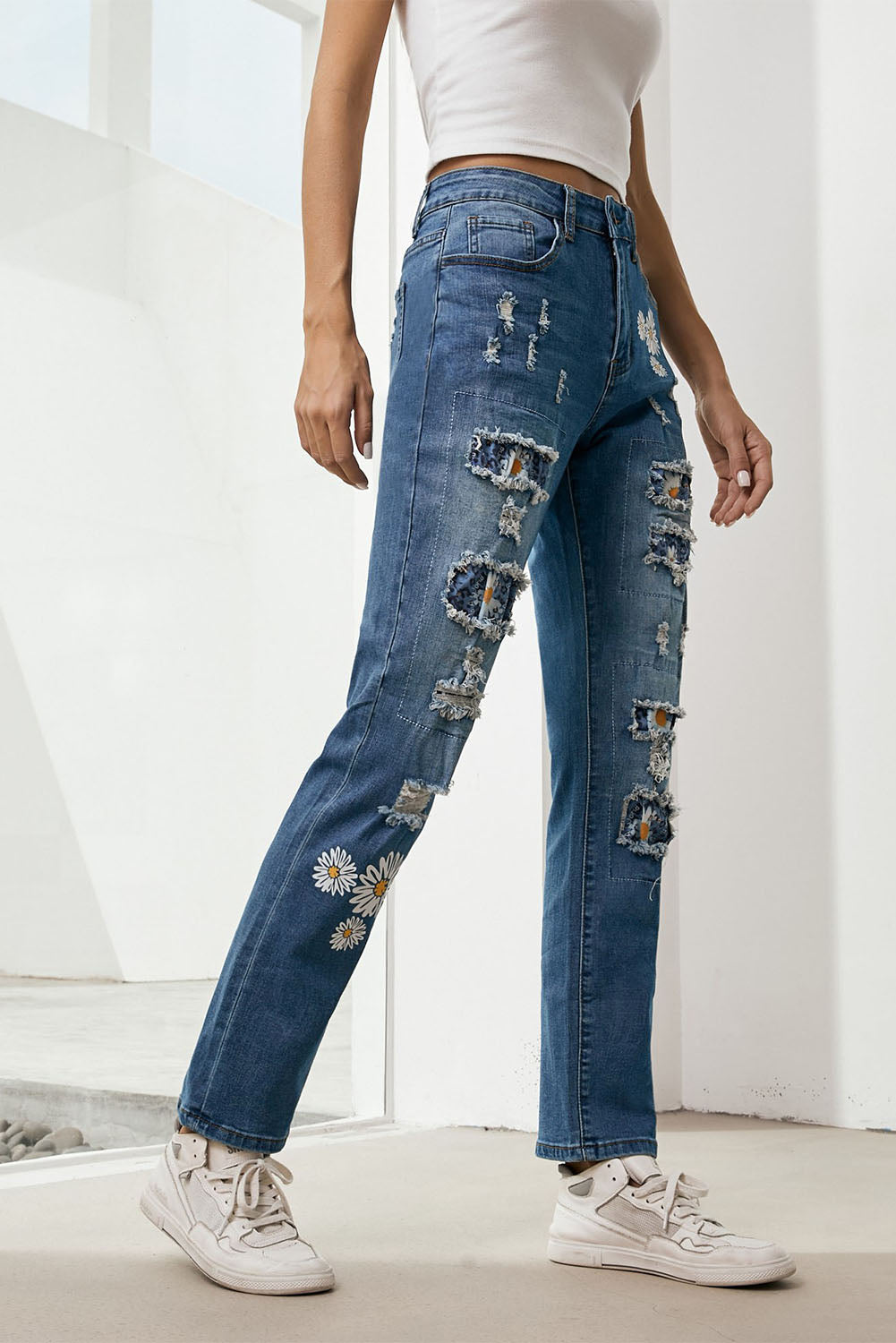 Printed Patch Distressed Boyfriend Jeans-Teresa&#39;s Fashionista LLC