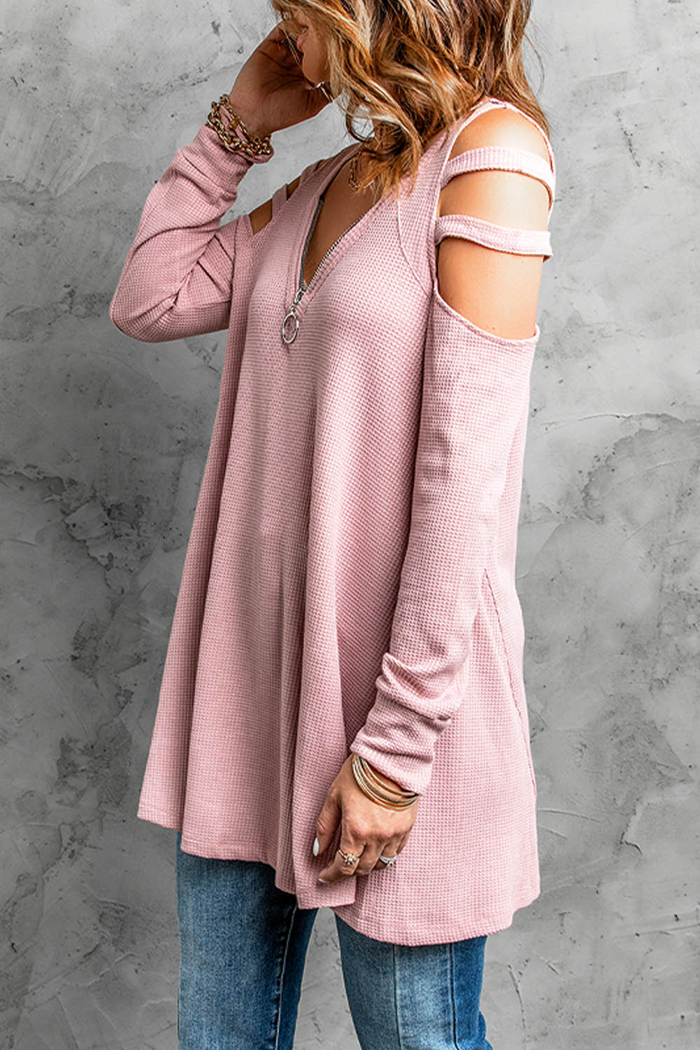 Cutout Waffle Knit Tunic Top-Teresa&#39;s Fashionista LLC