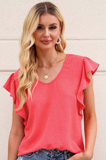 V-Neck Tied Flutter Sleeve Blouse-Teresa&#39;s Fashionista LLC