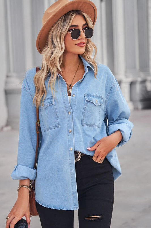 Collared Neck Dropped Shoulder Denim Top-Teresa&#39;s Fashionista LLC