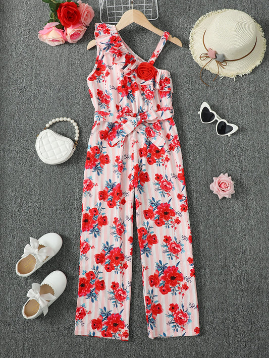 Floral Asymmetrical Neck Tie Belt Jumpsuit-Teresa&#39;s Fashionista LLC