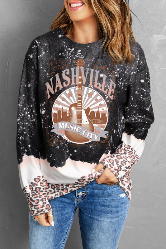 Printed NASHVILLE MUSIC CITY Graphic Sweatshirt-Teresa&#39;s Fashionista LLC