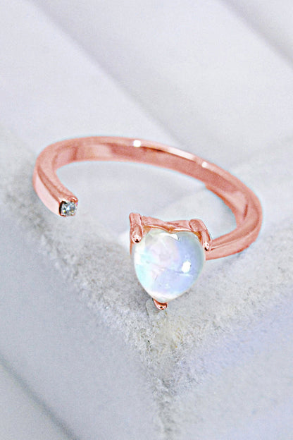 Inlaid Moonstone Heart Adjustable Open Ring-Teresa&#39;s Fashionista LLC