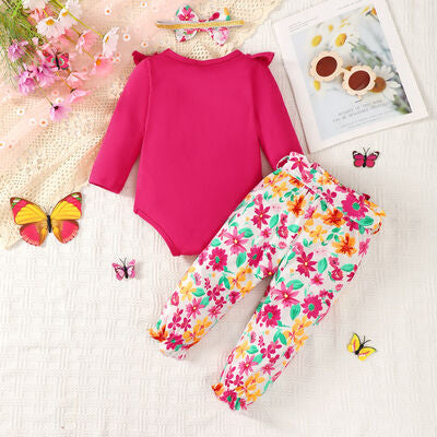 Bow Ruffled Round Neck Bodysuit and Printed Pants Set-Teresa&#39;s Fashionista LLC