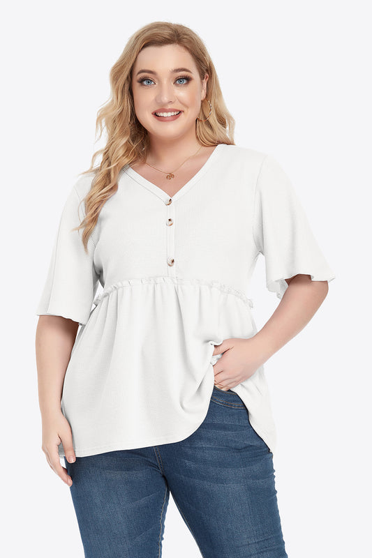 Plus Size Buttoned V-Neck Frill Trim Babydoll Blouse-Teresa&#39;s Fashionista LLC