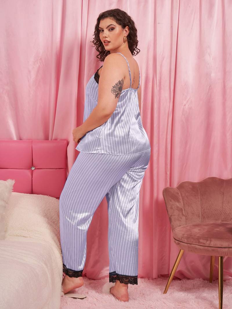 Plus Size Vertical Stripe Lace Trim Cami and Pants Pajama Set-Teresa&#39;s Fashionista LLC