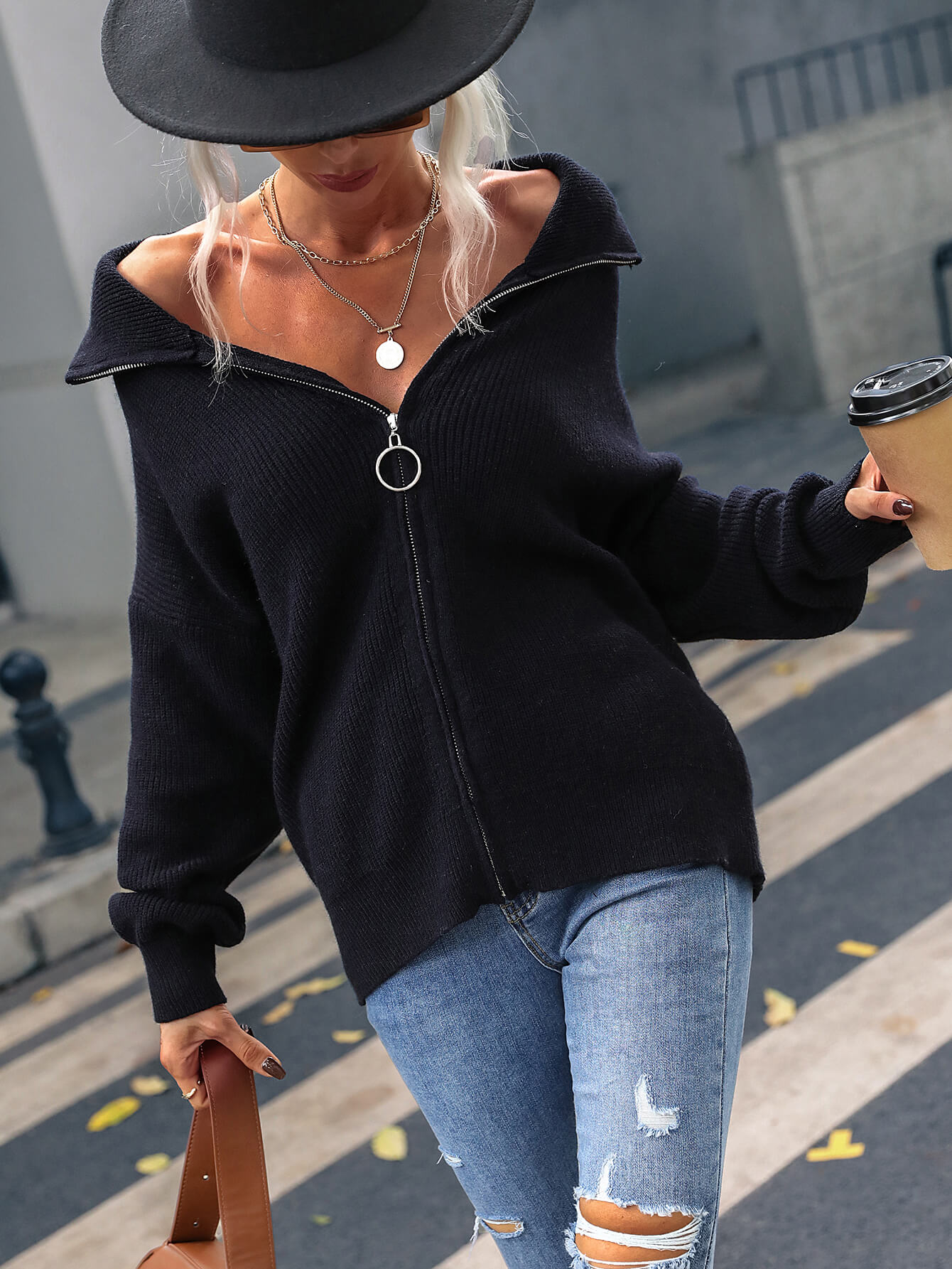 Rib-Knit Zip Up Collared Cardigan-Teresa&#39;s Fashionista LLC