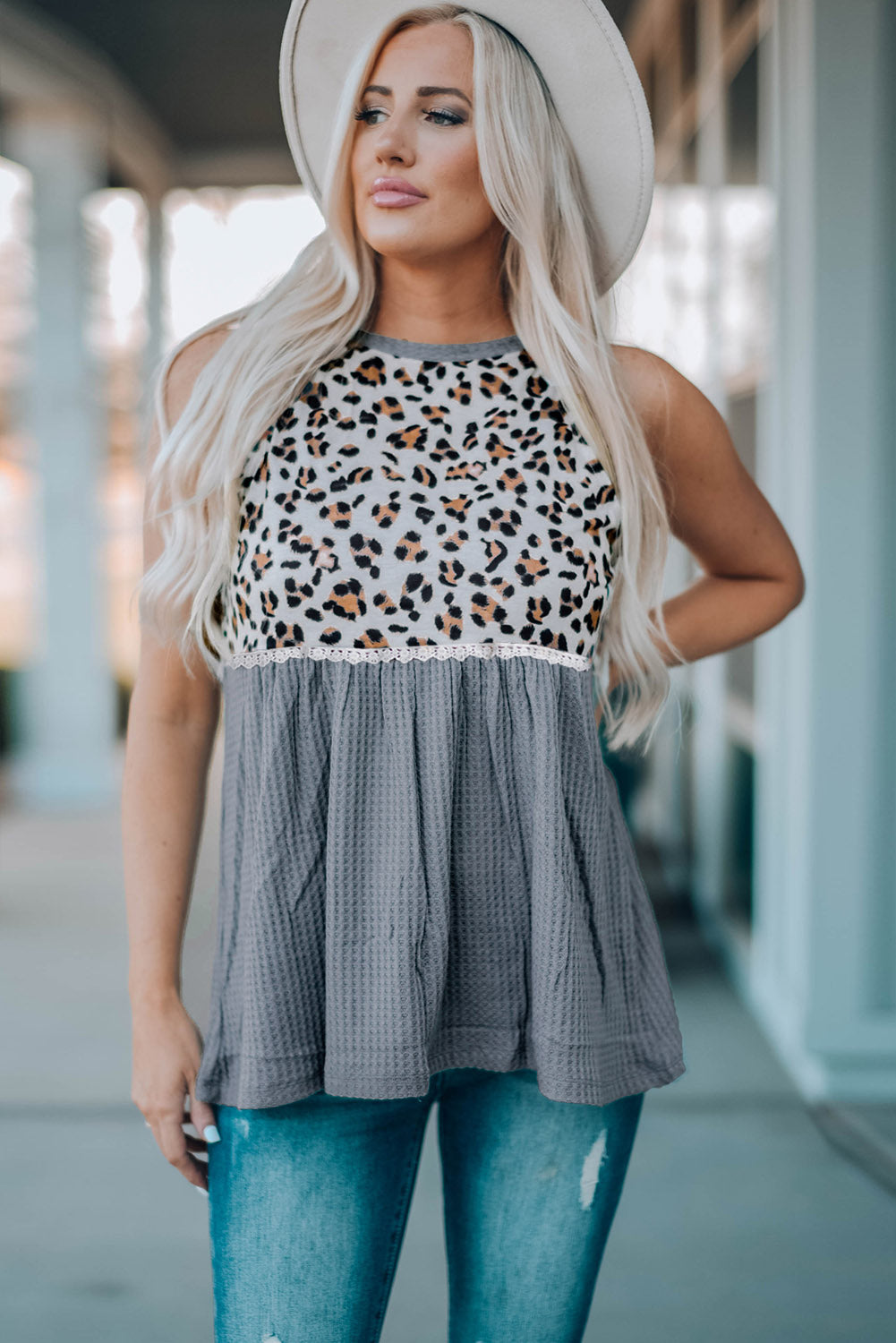 Leopard Spliced Ruched Tank Top-Teresa&#39;s Fashionista LLC