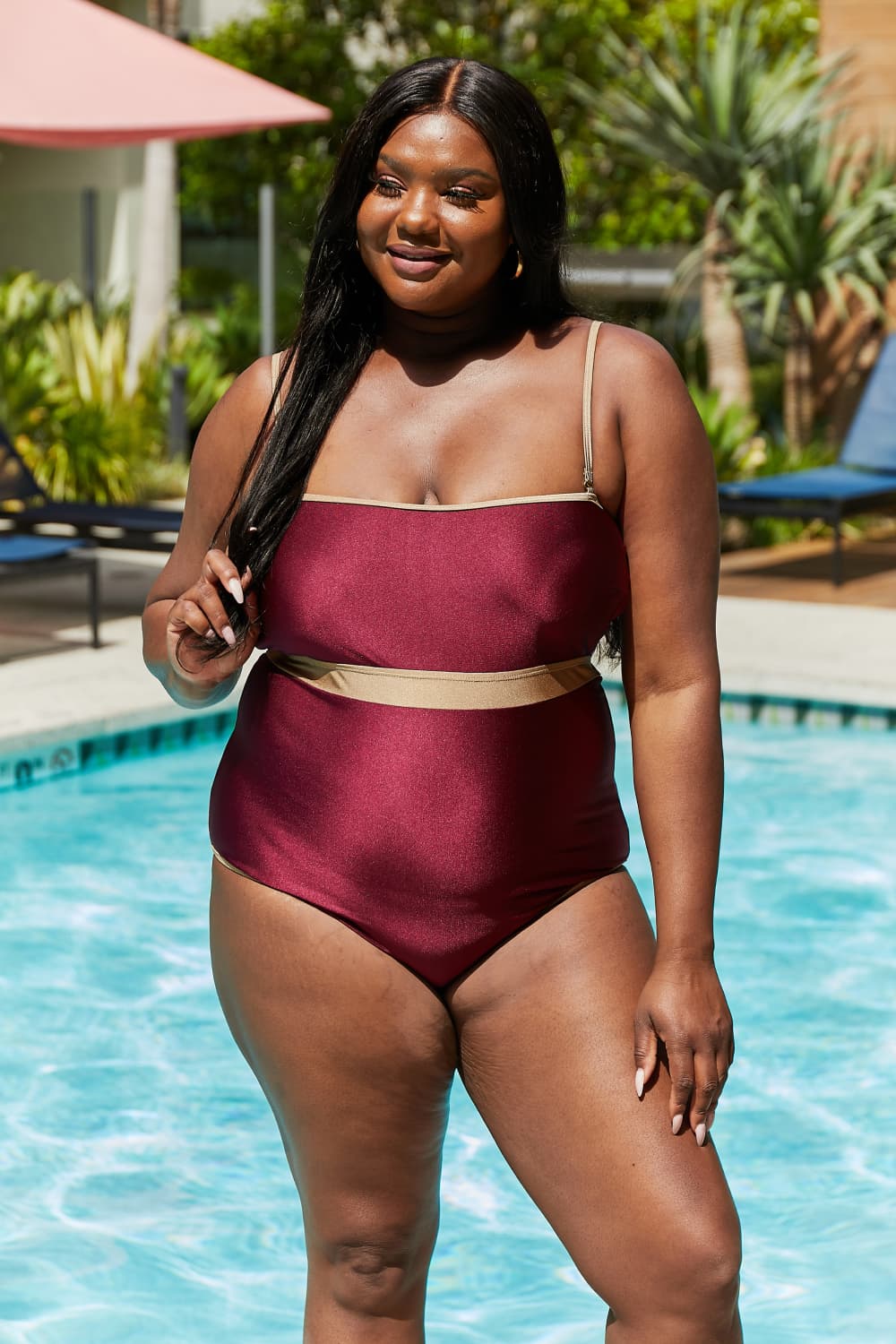 Marina West Swim Wave Break Contrast Trim One-Piece in Wine-Teresa&#39;s Fashionista LLC