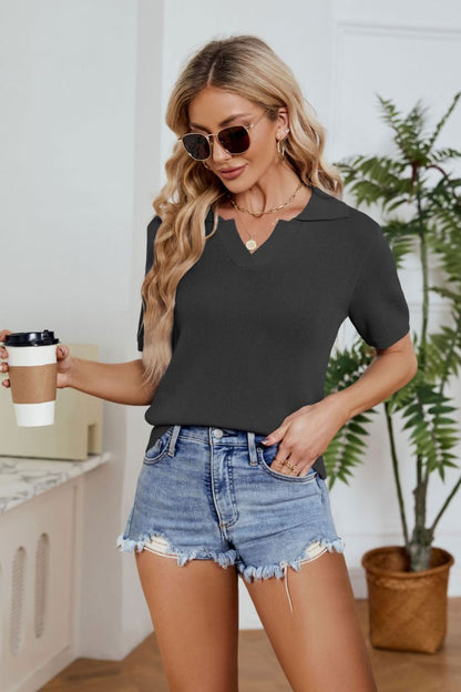 Johnny Collar Short Sleeve Knit Top-Teresa&#39;s Fashionista LLC