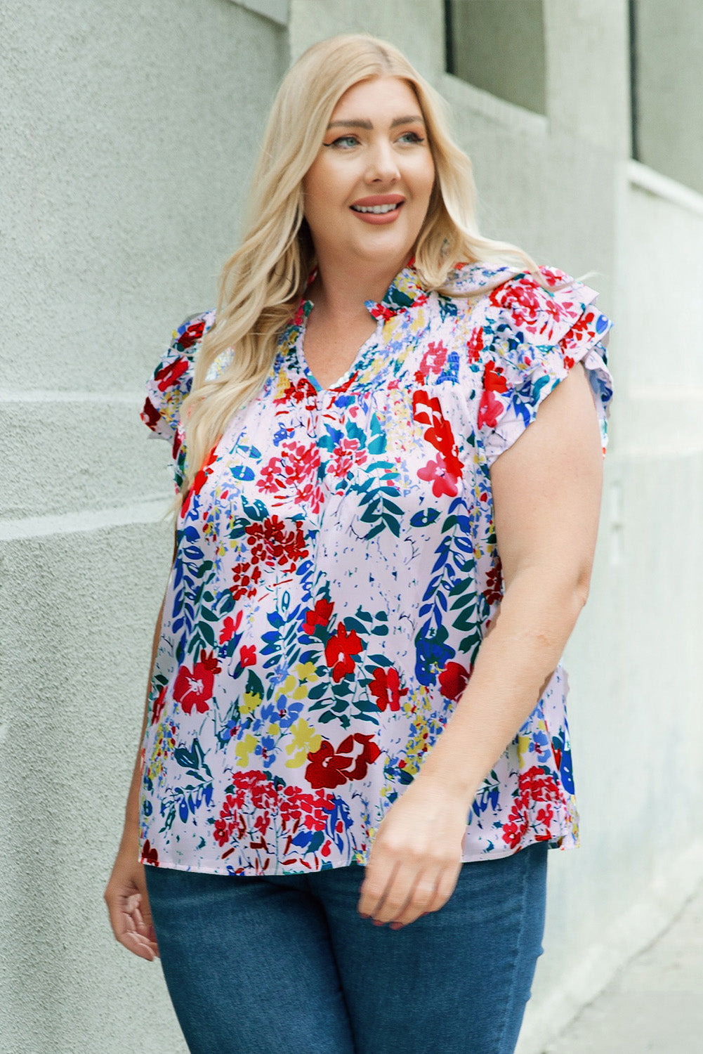 Plus Size Floral Smocked Flutter Sleeve Blouse-Teresa&#39;s Fashionista LLC