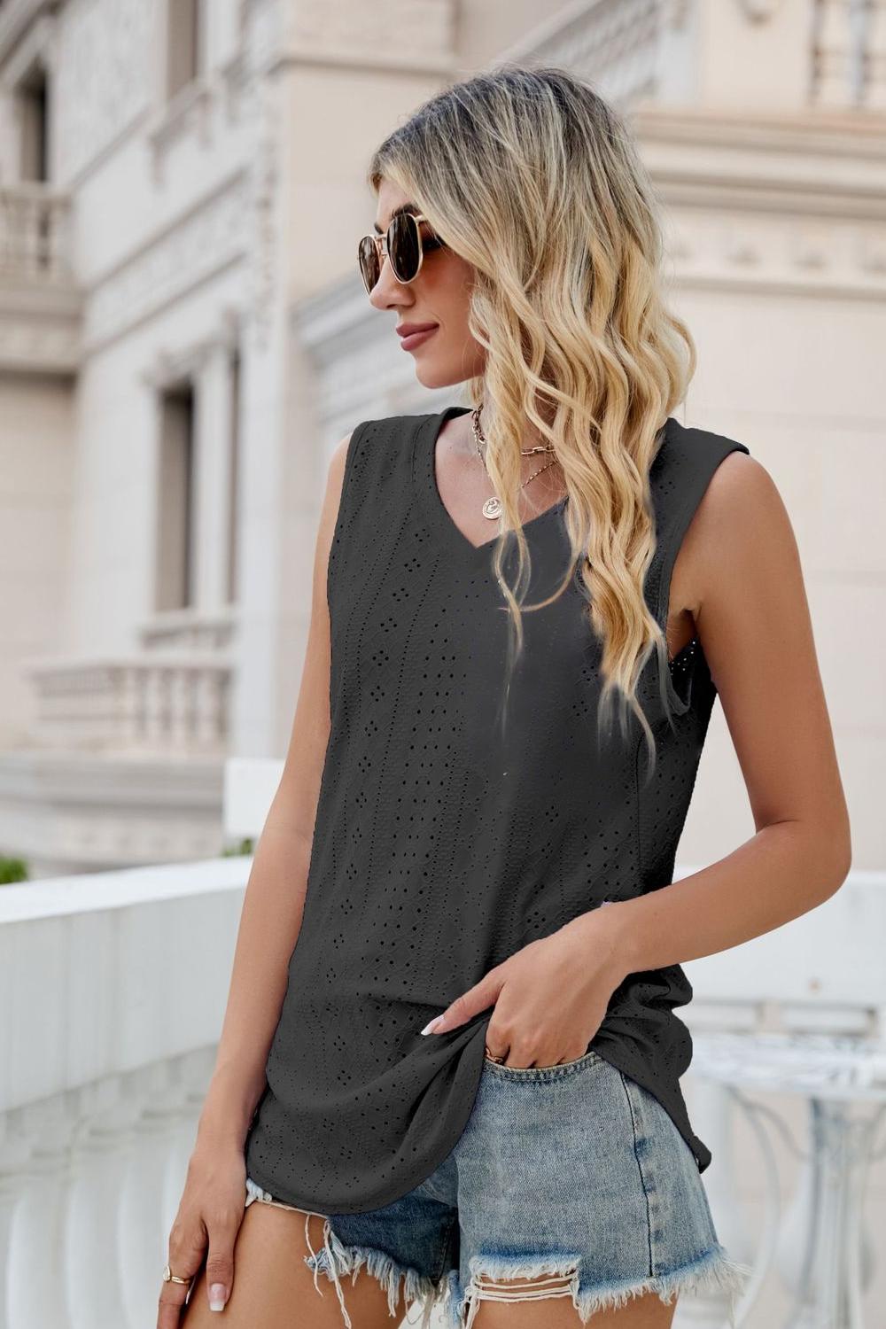 Eyelet V-Neck Tank-Teresa&#39;s Fashionista LLC