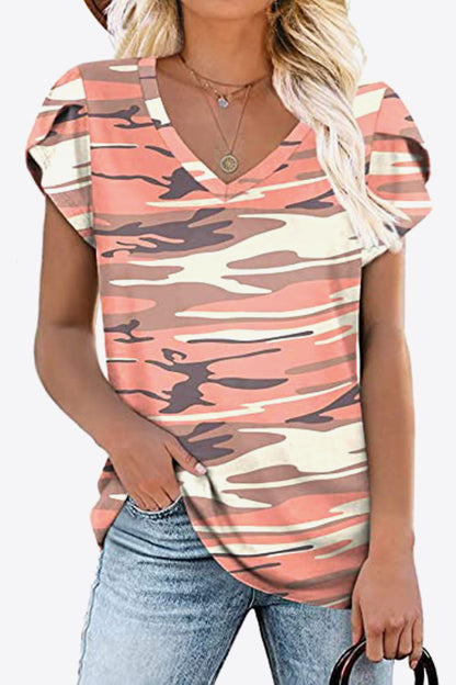 Printed Petal Sleeve V-Neck Blouse-Teresa&#39;s Fashionista LLC