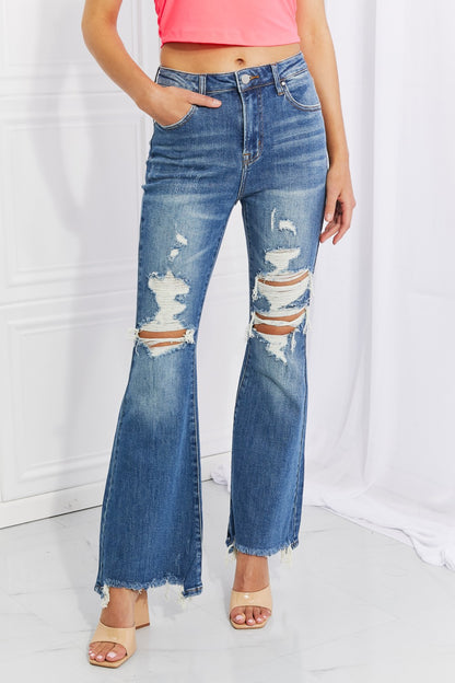 RISEN Full Size Hazel High Rise Distressed Flare Jeans-Teresa&#39;s Fashionista LLC