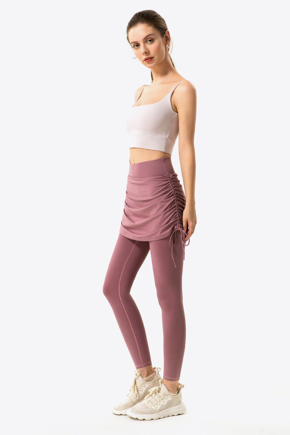 Drawstring Ruched Faux Layered Yoga Leggings-Teresa&#39;s Fashionista LLC