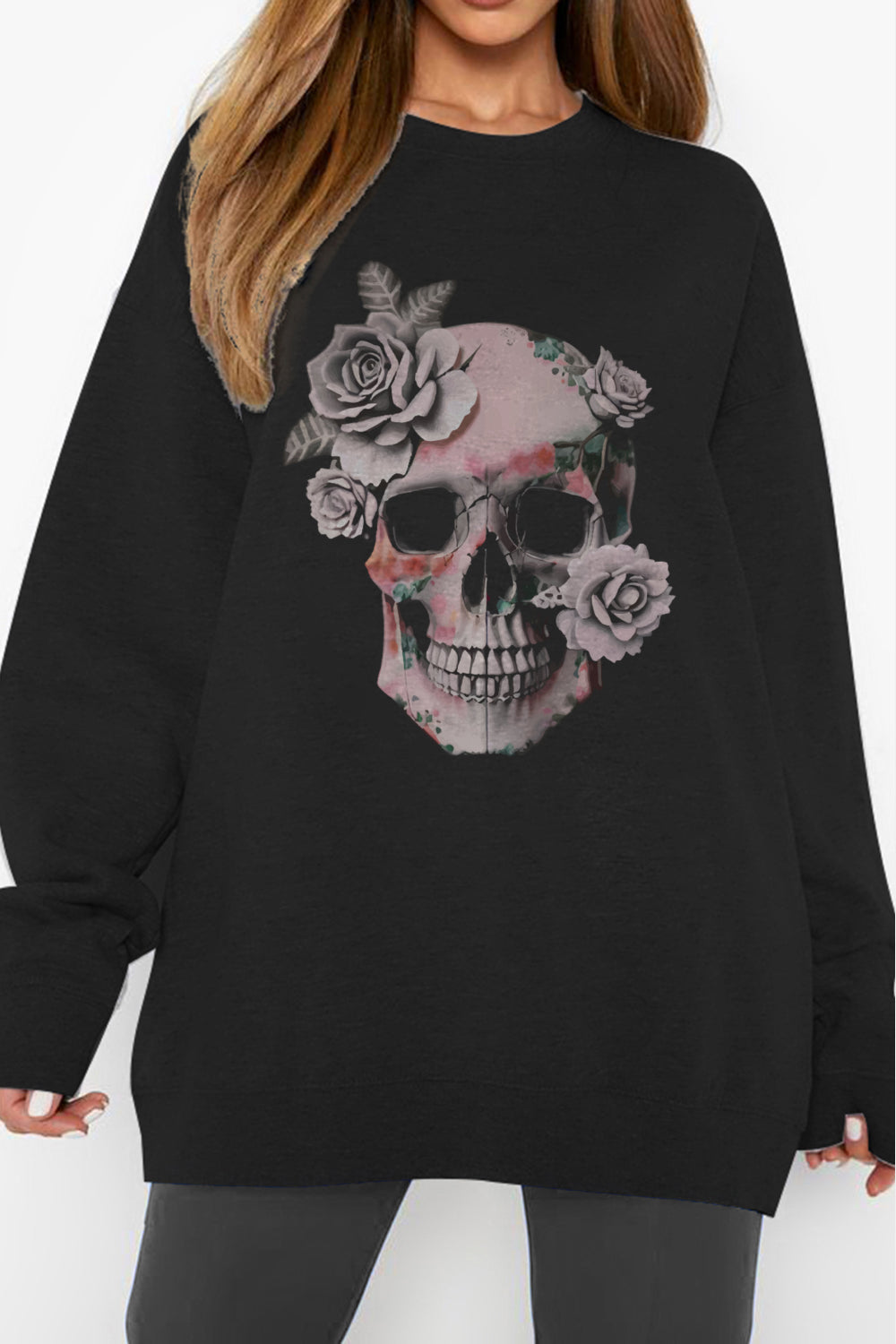 Simply Love Simply Love Full Size Dropped Shoulder SKULL Graphic Sweatshirt-Teresa&#39;s Fashionista LLC