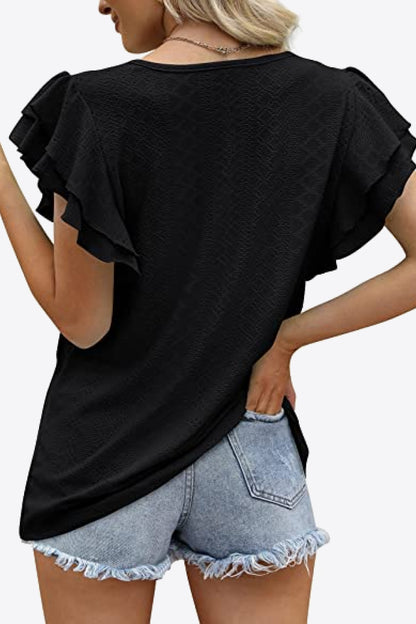 Round Neck Layered Flutter Sleeve Blouse-Teresa&#39;s Fashionista LLC