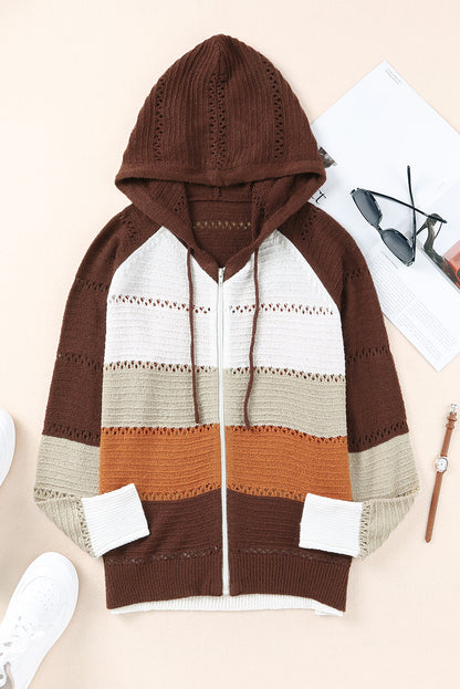 Zip-Up Raglan Sleeve Openwork Hooded Cardigan-Teresa&#39;s Fashionista LLC