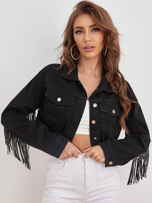 Fringe Detail Collared Neck Cropped Denim Jacket-Teresa&#39;s Fashionista LLC