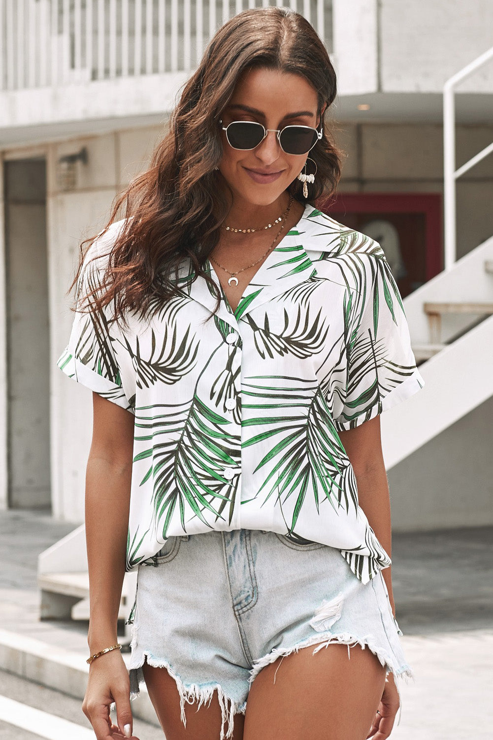 Botanical Print Button Front Lapel Collar Shirt-Teresa&#39;s Fashionista LLC