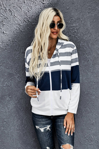 Striped Color Block Drawstring Zip Up Hoodie-Teresa&#39;s Fashionista LLC