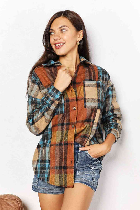 Double Take Plaid Curved Hem Shirt Jacket with Breast Pockets-Teresa&#39;s Fashionista LLC