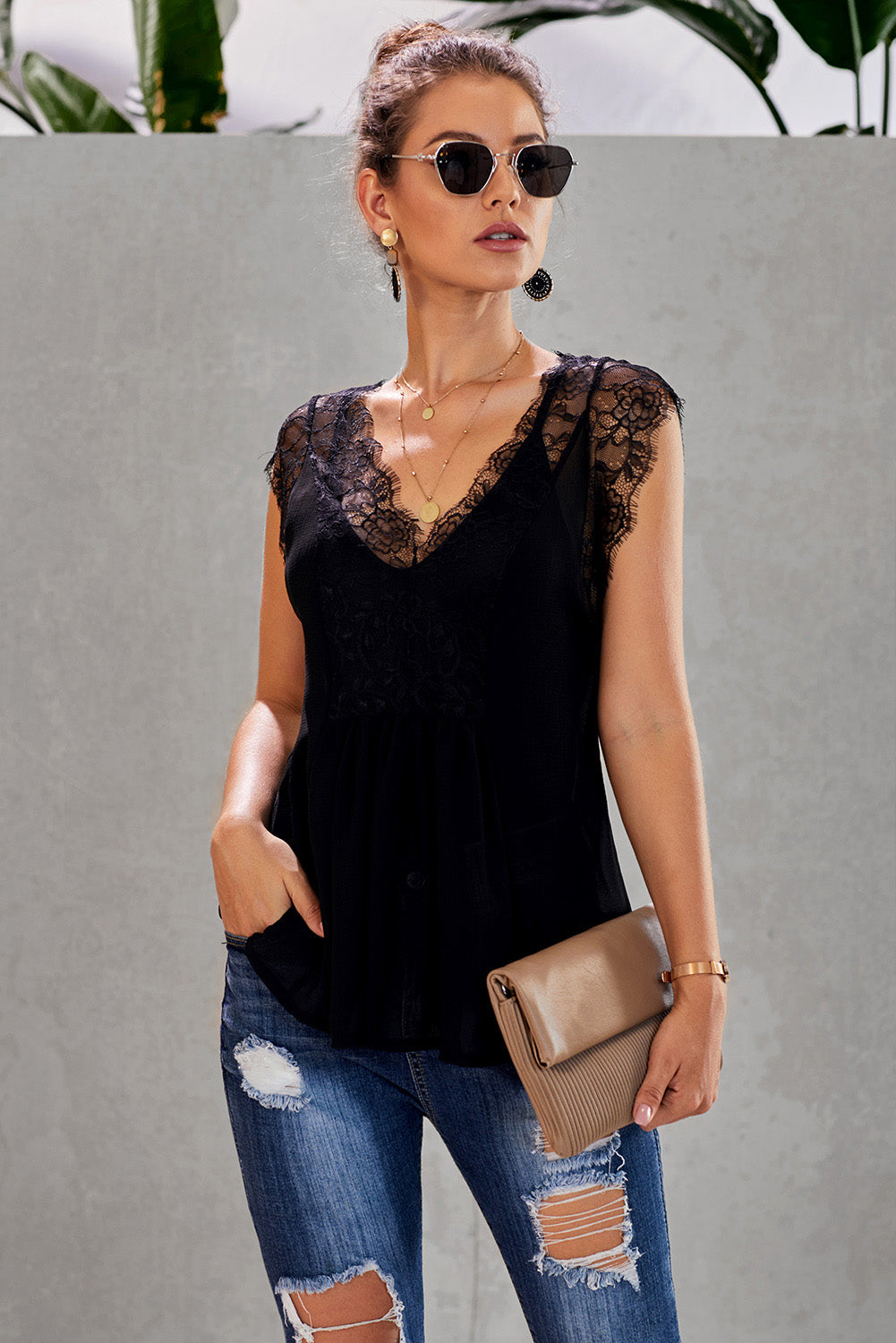 Eyelash Trim Spliced Lace V-Neck Tank-Teresa&#39;s Fashionista LLC