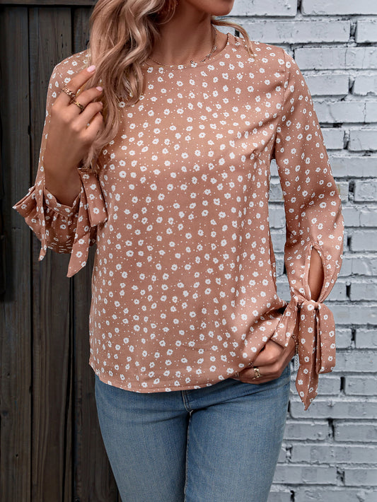 Printed Round Neck Tie Cuff Blouse-Teresa&#39;s Fashionista LLC