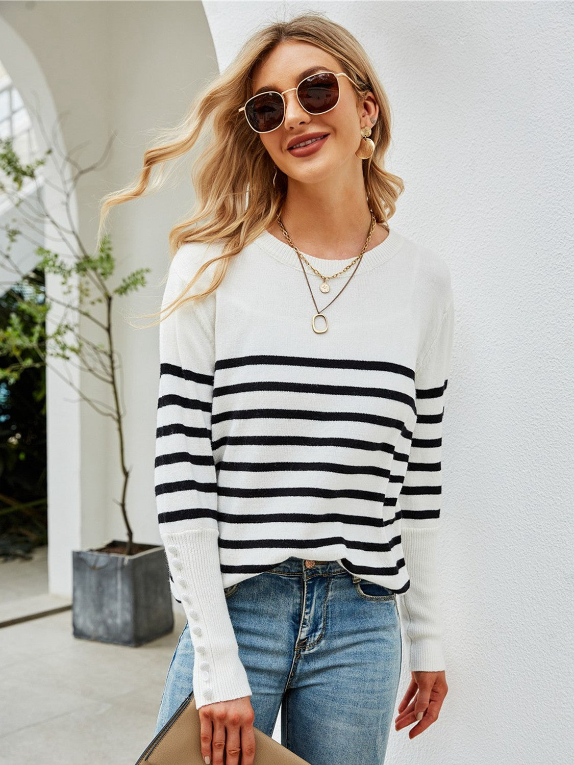 Striped Decorative Button Knit Top-Teresa&#39;s Fashionista LLC