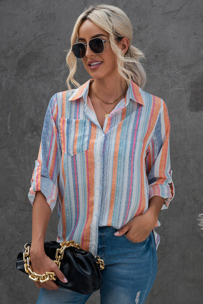 Striped Button-Up Curved Hem Shirt with Breast Pocket-Teresa&#39;s Fashionista LLC