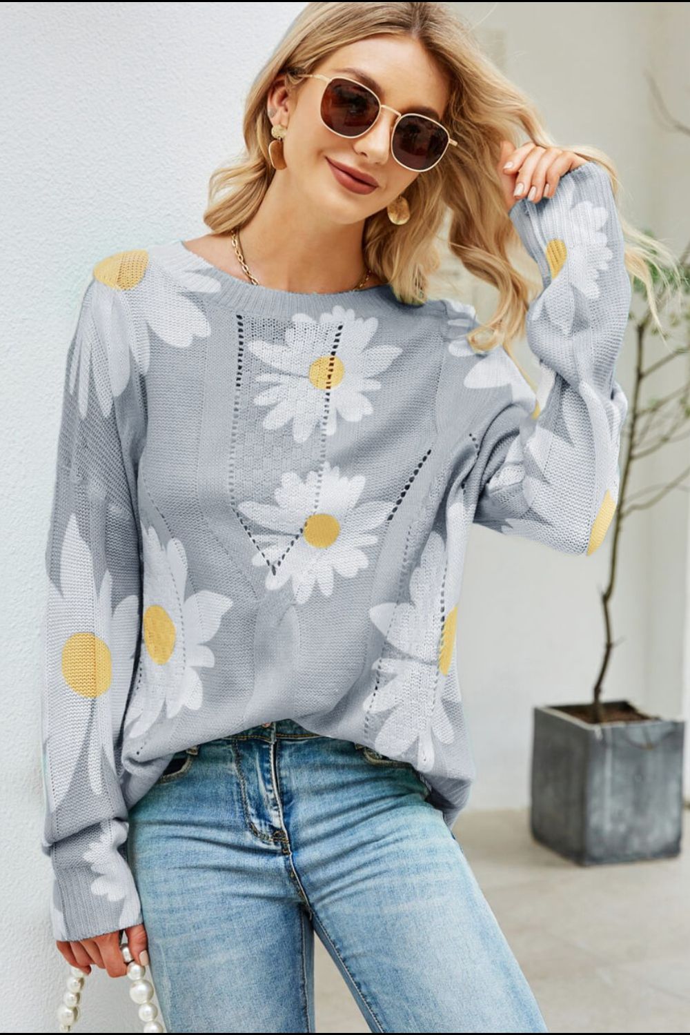 Daisy Print Openwork Round Neck Sweater-Teresa&#39;s Fashionista LLC