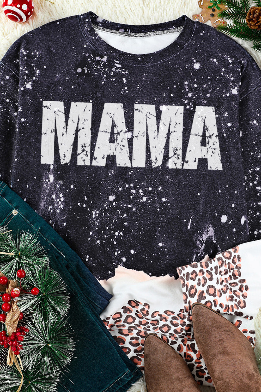 MAMA Leopard Color Block Round Neck Sweatshirt-Teresa&#39;s Fashionista LLC