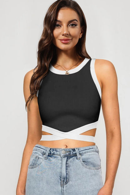 Contrast Tie Back Round Neck Tank-Teresa&#39;s Fashionista LLC