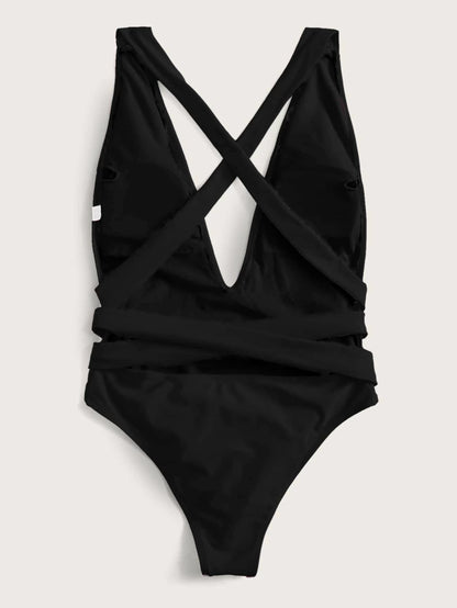 Halter Neck Deep V Tied One-Piece Swimsuit-Teresa&#39;s Fashionista LLC